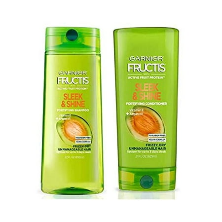Garnier Fructis Sleek &Amp; Shine Shampoo (22 Fl Oz) + Conditioner (21 Fl Oz) Set For Frizzy, Dry Hair, Plant Keratin + Argan Oil (2 Items), 1 Kit (Packaging May Vary)