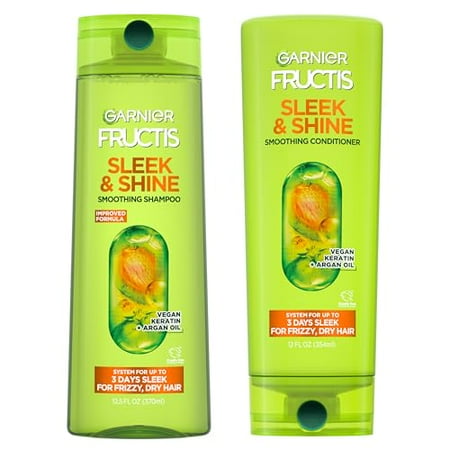 Garnier Fructis Sleek &Amp; Shine Shampoo (22 Fl Oz) + Conditioner (21 Fl Oz) Set For Frizzy, Dry Hair, Plant Keratin + Argan Oil (2 Items), 1 Kit (Packaging May Vary)