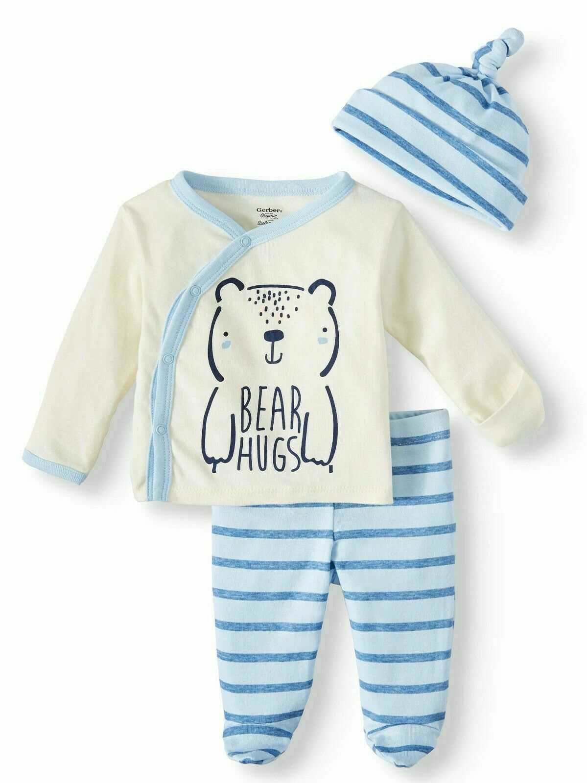 Gerber Baby Boy Organic Cotton 3-Piece Take Me Home Outfit Bear Hugs Blue Stripe