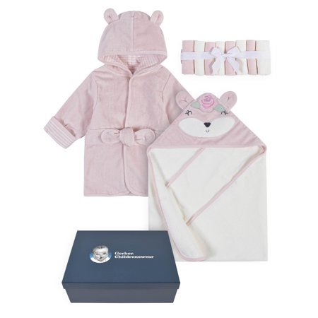 Gerber Baby Girl Hooded Towel, Robe, & Washcloths Baby Shower Gift Box Set, 10-Piece
