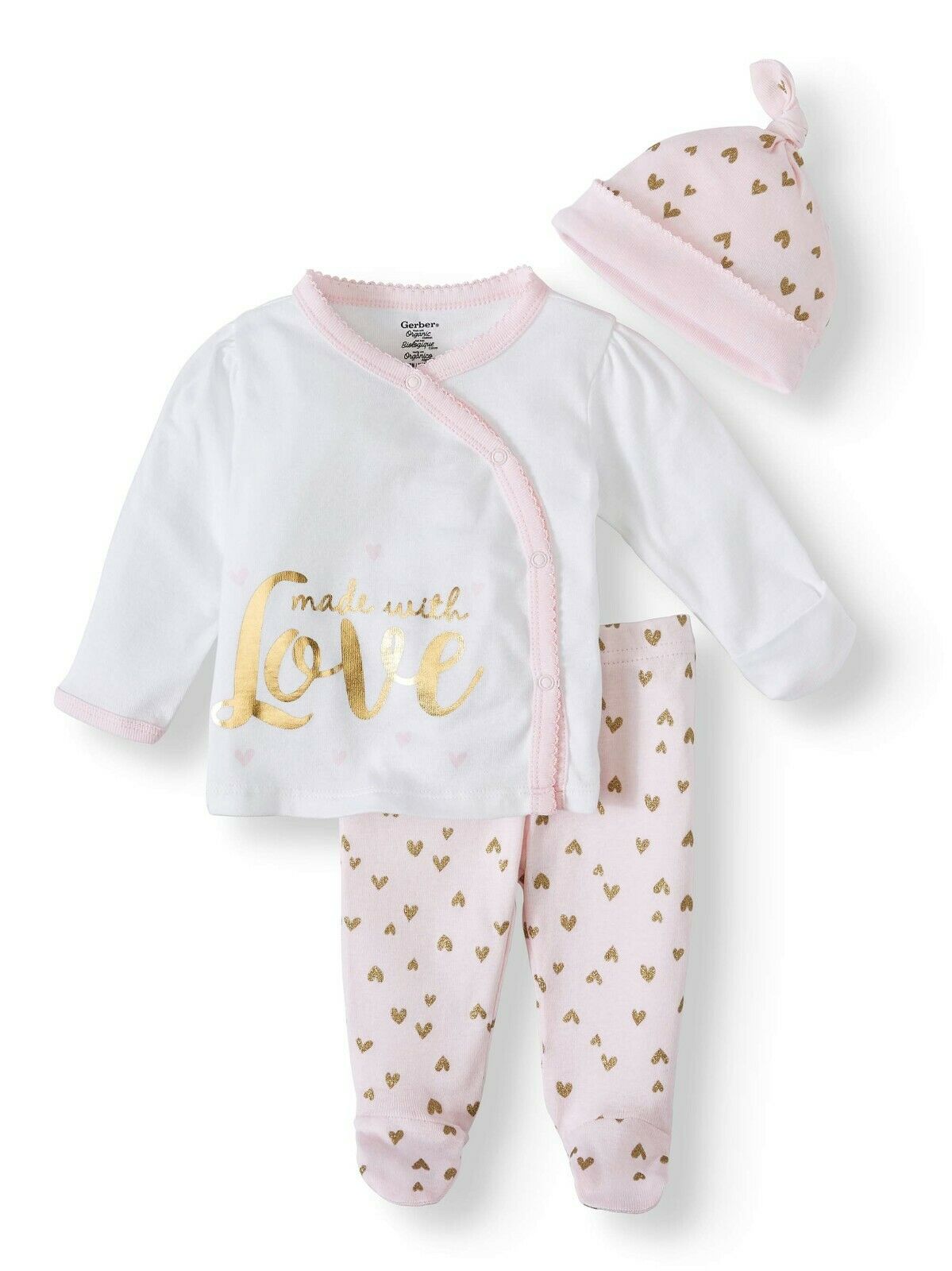 Gerber Girl Organic Cotton 3-Piece Take Me Home Outfit Made with Love Pink Gold