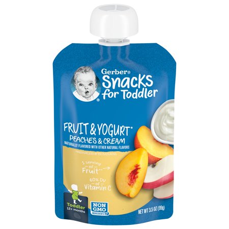 Gerber Graduates Snacks for Toddler, Fruit and Yogurt Peaches and Cream, 3.5 oz Pouch (12 Pack)