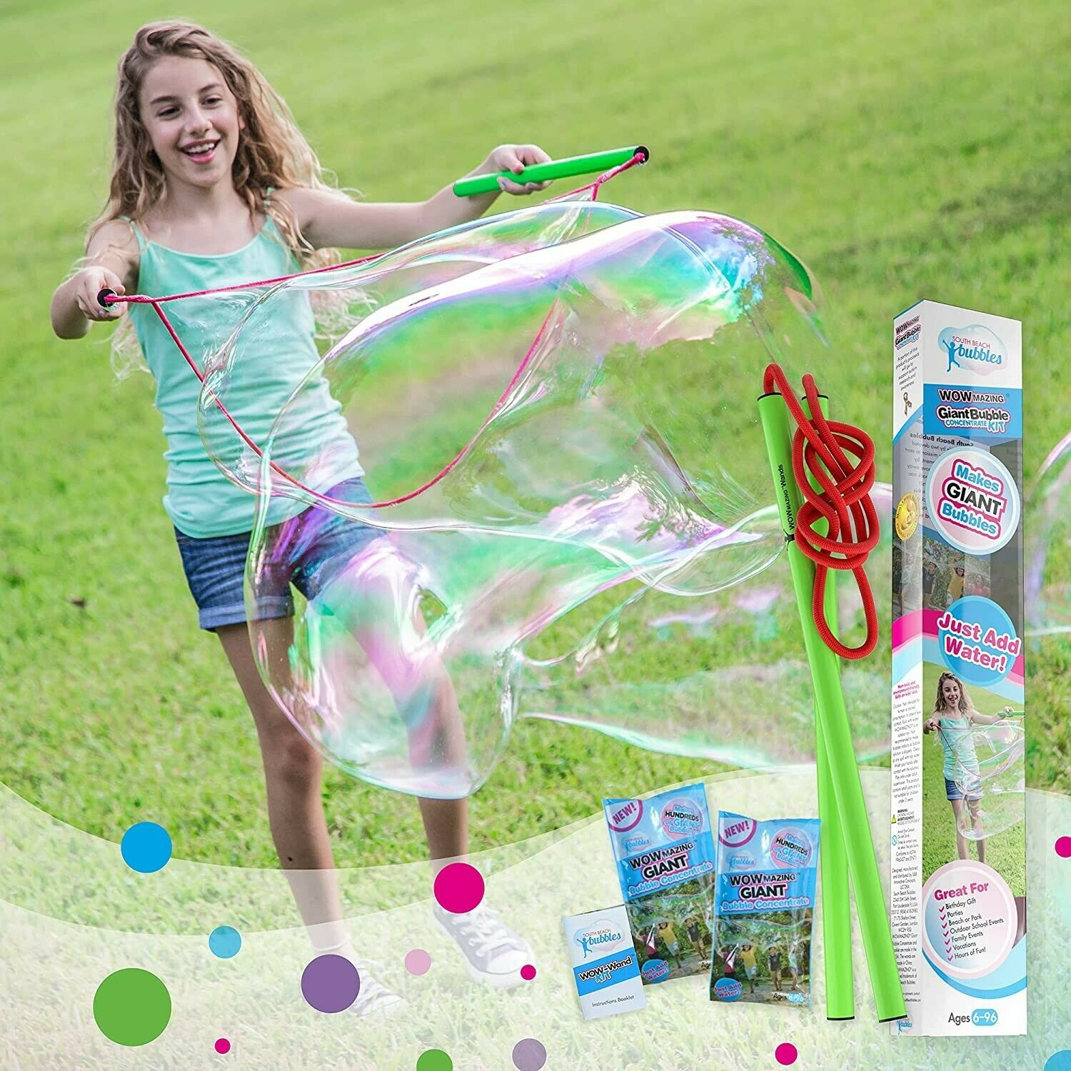 Giant Bubble Wands Kit Colorful Concentrate Non Toxic Biodegradable Tricks 4 Pc