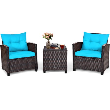 Giantex 3 Pieces Patio Furniture Set, PE Rattan Wicker 3 Pcs Outdoor Sofa Set w/Washable Cushion and Tempered Glass Tabletop, Conversation Furniture for Garden Poolside Balcony (Turquosize)