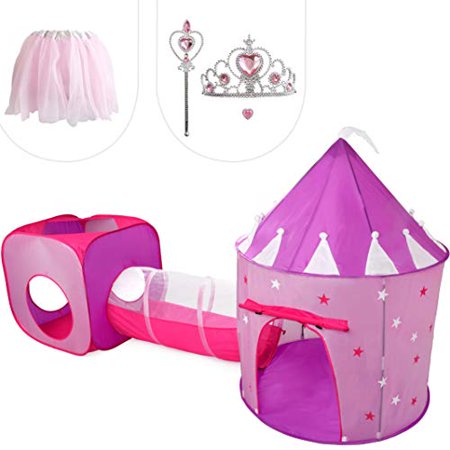 gift for girls, princess tent with tunnel, kids castle playhouse & princess dress up pop up play tent set, toddlers toy birthday gift present for age 2 3 4 5 6 7 years, glow in the dark stars, indoor