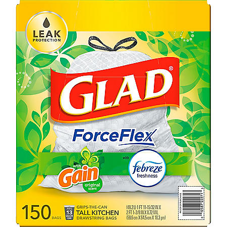 Glad ForceFlex Tall Kitchen Drawstring White Trash Bags, Gain Original Scent with Febreze Freshness (13 gal., 150 ct.) On Sale At Sam’s Club