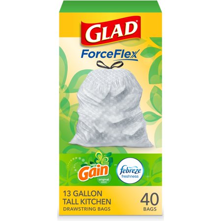 Glad ForceFlex Tall Kitchen Trash Bags, 13 Gallon, 40 Bags (Gain Original Scent, Febreze Freshness)