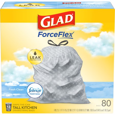 Glad ForceFlex Tall Kitchen Trash Bags, 13 Gallon, 80 Bags (Fresh Clean Scent, Febreze Freshness)