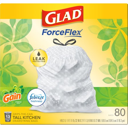 Glad ForceFlex Tall Kitchen Trash Bags, 13 Gallon, 80 Bags (Gain Original Scent, Febreze Freshness)