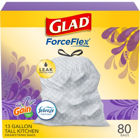 Glad ForceFlex Tall Kitchen Trash Bags, 13 Gallon, Gain Lavender with Febreze, 80 Count
