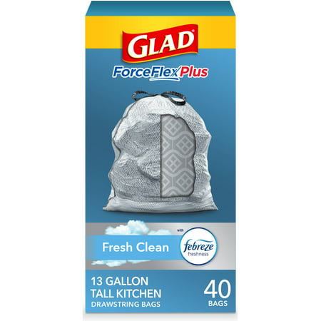 Glad ForceFlexPlus Tall Kitchen Trash Bags, 13 Gallon, 40 Bags (Fresh Clean Scent, Febreze Freshness)