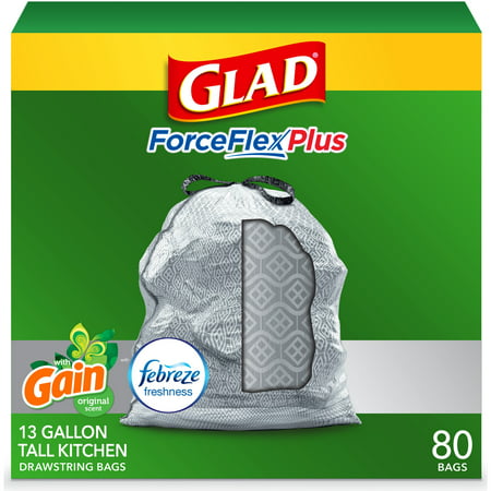 Glad ForceFlexPlus Tall Kitchen Trash Bags, 13 Gallon, 80 Bags (Gain Original Scent, Febreze Freshness)