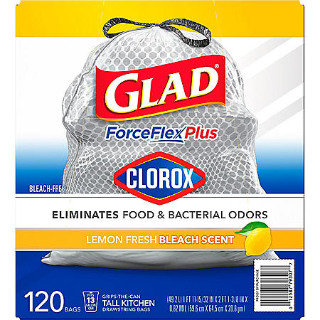 Glad Tall Kitchen Drawstring Grey Trash Bags – ForceFlex Plus With Clorox, Lemon Fresh Bleach Scent (13 gal., 120 ct.)