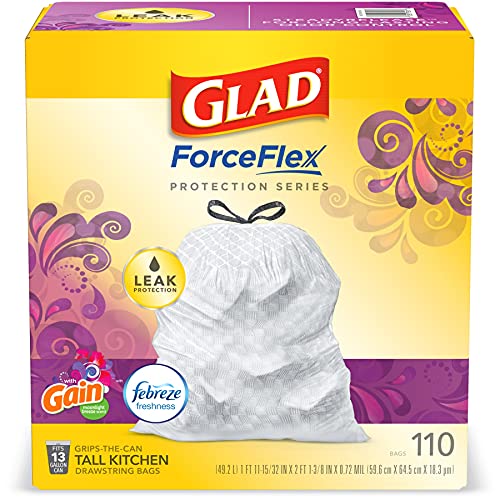 Glad Trash & Food Storage ForceFlex Protection Series Tall Trash Bags, 13 Gal, Gain Moonlight Breeze with Febreze, 110 Ct (Package May Vary) On Sale At Amazon.com