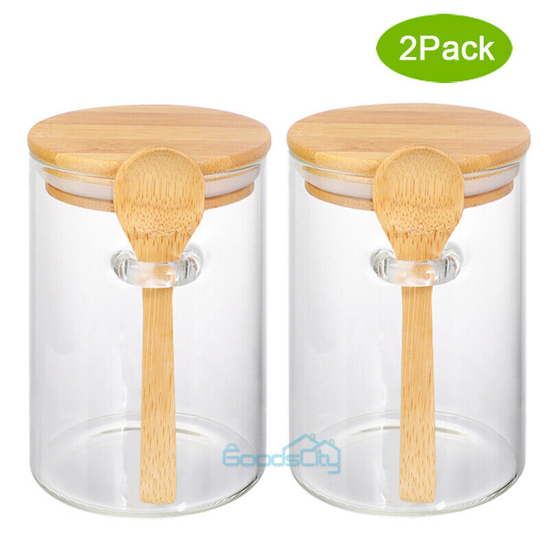 Glass Food Storage Jars Containers with Airtight Bamboo Lid & Spoon Set of 2
