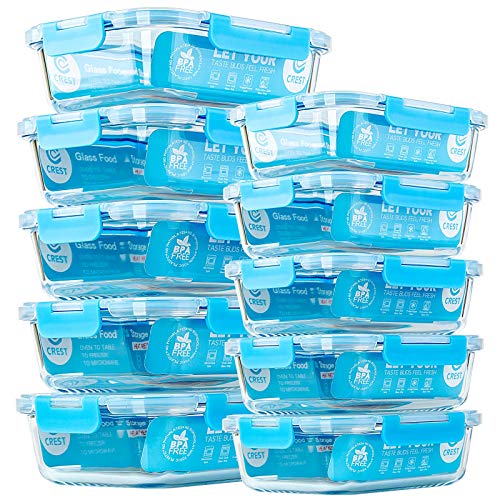 C Crest Glass Meal Prep Containers, [10 Pack] Glass Food Storage Containers With Lids, Airtight Glass Bento Boxes, Bpa Free &Amp; Leak Proof (10 Lids &Amp; 10 Containers)