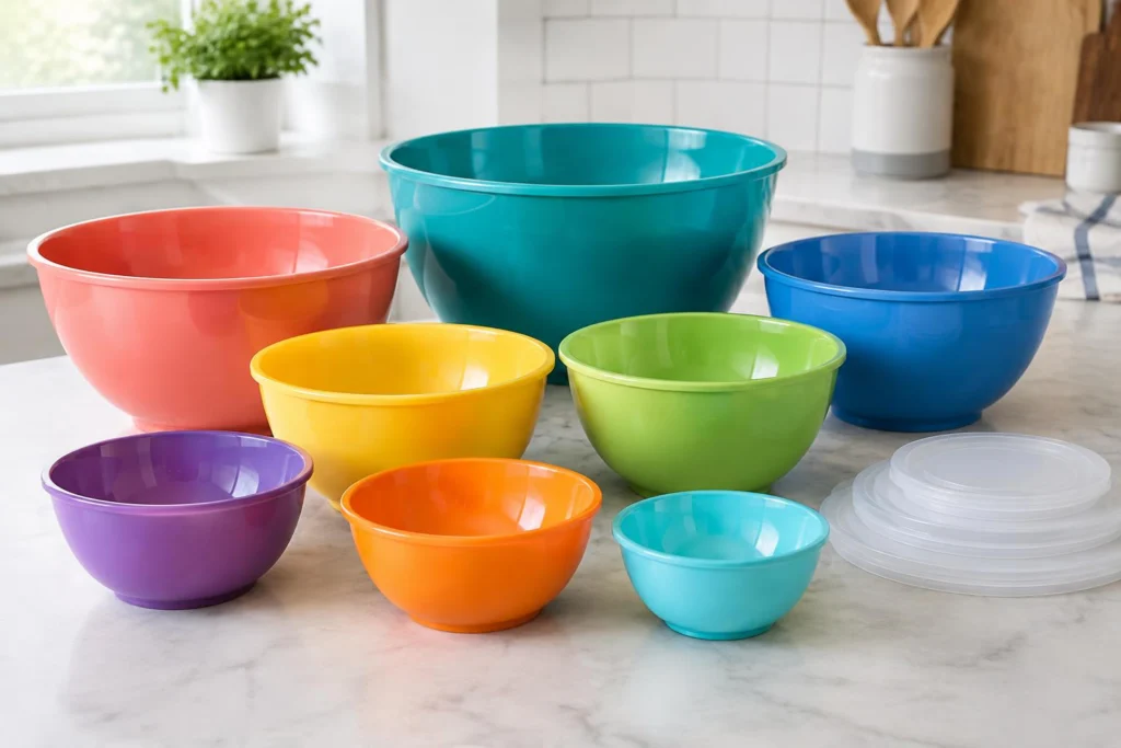 Mainstays 10-Piece Plastic Mixing Bowl Set at Walmart — AI-generated illustrative scene