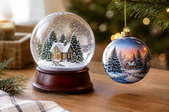 Lowe’s Exclusive 2026 Christmas Ornament and Christmas Snow Globe — AI-generated illustrative scene