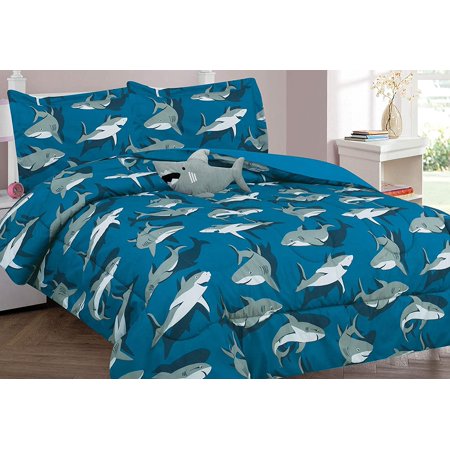 Golden Linens Twin Size 6 Pcs Comforter/ Coverlet / Bed in Bag Set with Toy Shark Gray, Blue #Shark Gray 6Pcs
