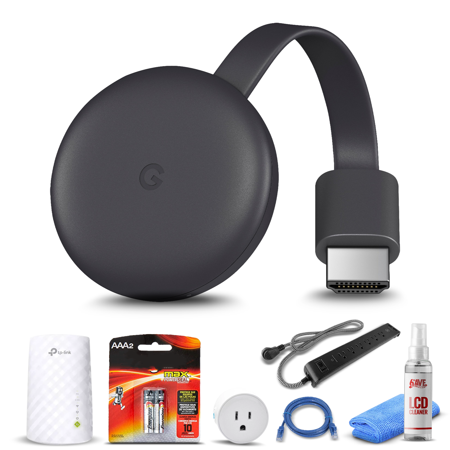 Google Chromecast Streaming Device (3rd Gen) + WiFi Smart Plug + Ethernet Cable + 2x AAA Batteries + WiFi Extender + Surge Protector + LCD Cleaner