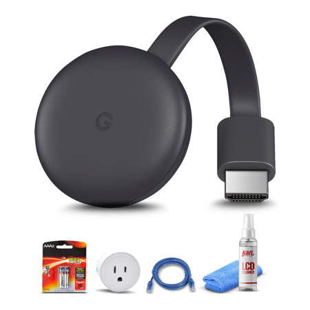 Google Chromecast Streaming Device (3rd Gen) + WiFi Smart Plug + Ethernet Cable + 2x AAA Batteries + LCD Cleaner