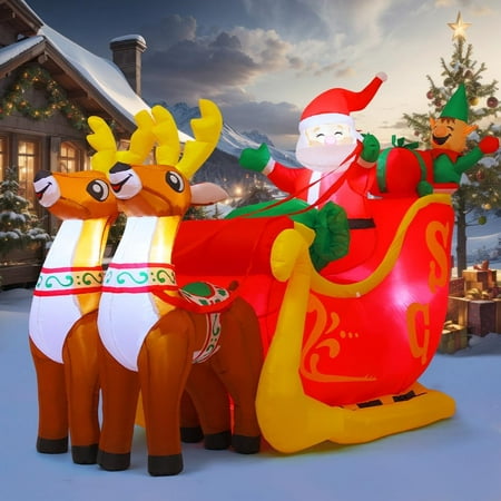 GOOSH 7.2 FT Christmas Inflatable Santa Claus on Sleigh with Two Reindeer & Gift Box Blow Up Yard Decoration LED Lights Blow Up Inflatables for Xmas Indoor Outdoor Home Garden Family Holiday Party