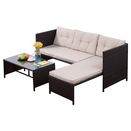 Goplus 3 PCS Outdoor Rattan Furniture Sofa Set Lounge Chaise Cushioned Patio Garden