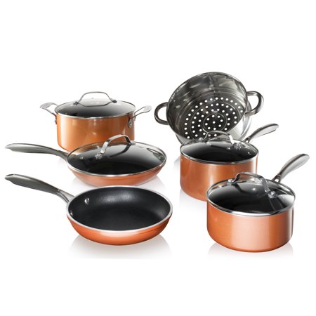 Gotham Steel Copper Cast Pots and Pans Set, 10 Piece Cookware with Nonstick Diamond Surface, Includes Frying Pans, Stock Pots, Saucepans & More, Oven & Dishwasher Safe, 100% PFOA Free