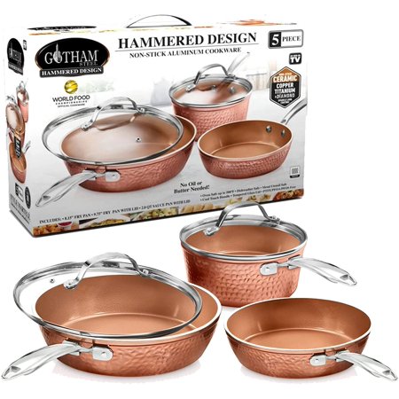 Gotham Steel Hammered Collection Pots and Pans Set, 5-Pieces Premium Cookware Set with Nonstick Coating, Dishwasher and Oven Safe, Copper