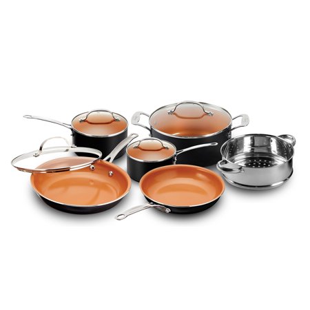 Gotham Steel Pots and Pans Set, 10 Pieces Cookware Set with Nonstick Ceramic Coating and Stock Steamer Insert , Black