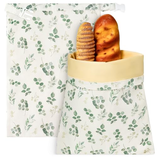 Bees Wrap Reusable Beeswax Wraps Today Only! Gqiril Reusable Beeswax Bread Bags - 2 Pack Bees Wax Food Wraps, Homemade Sourdough Bread Storage, 2-In-1 Linen Cotton Large Freezer Container Home Baking Accessories With Lining (Eucalyptus Leaf)