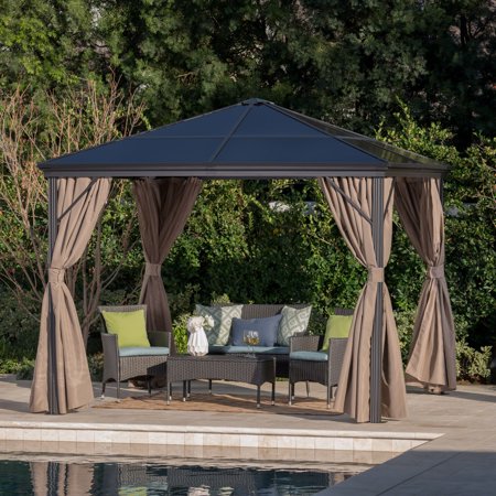 Gracie Outdoor 10 X 10 Foot Aluminum Framed Gazebo with Curtains and Hardtop, Brown, Black