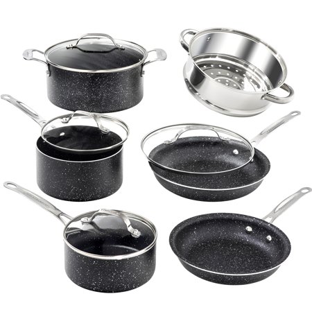 Granite Stone Pots and Pans Set, 10 Piece Nonstick Cookware Set, Includes Steamer, Scratch Resistant, Granite Coated, Dishwasher and Oven-Safe, PFOA-Free, Black