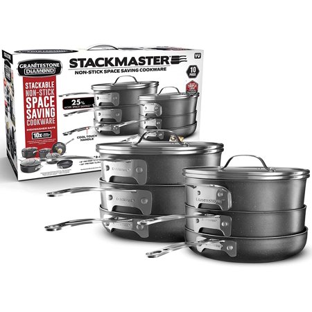 Granitestone Stackmaster Nonstick Pots and Pans Set, 10 Piece Complete Cookware Set, Stackable Design with Ultra Nonstick Mineral & Diamond Coating, Dishwasher & Oven Safe