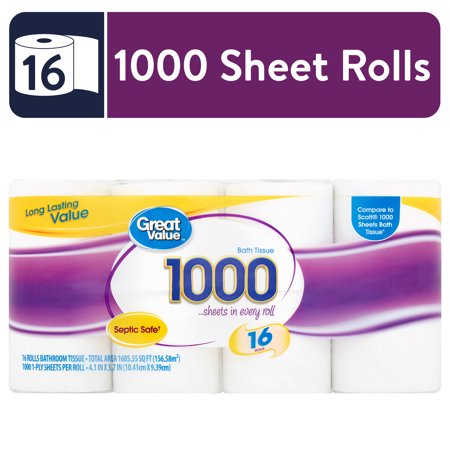 Great Value 1000 Sheets per Roll Bath Tissue, 16 Rolls