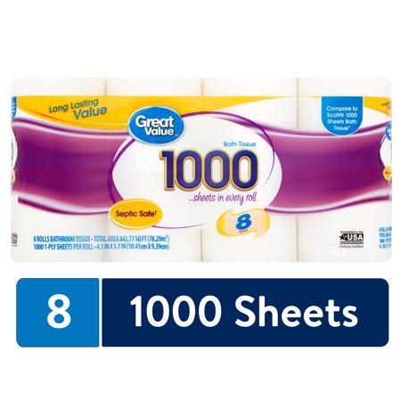 Great Value 1000 Sheets per Roll Bath Tissue, 8 Rolls