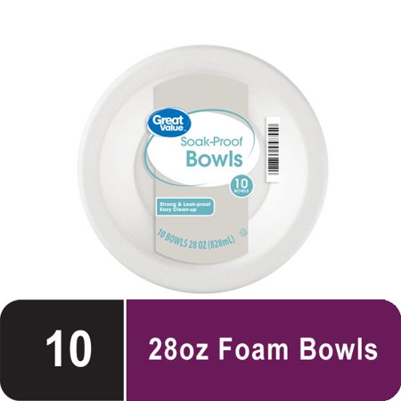 Great Value Everyday Disposable Foam Bowls, 28 oz, 10 ct