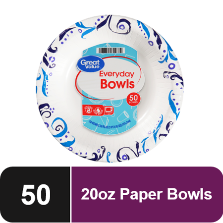 Great Value Everyday Disposable Paper Bowls, 20oz, 50ct