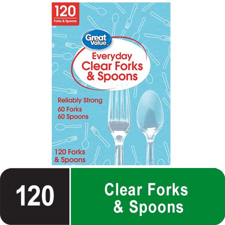Great Value Everyday Disposable Plastic Forks & Spoons, Clear, 120 Count