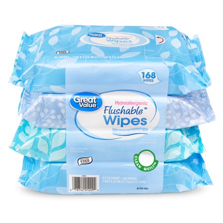 Great Value Flushable Wet Wipes, Fresh Scent, 4 Packs of 42 Wipes, 168 Total Wipes