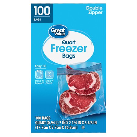 Great Value Freezer Guard Double Zipper Freezer Bags, Quart, 100 Count