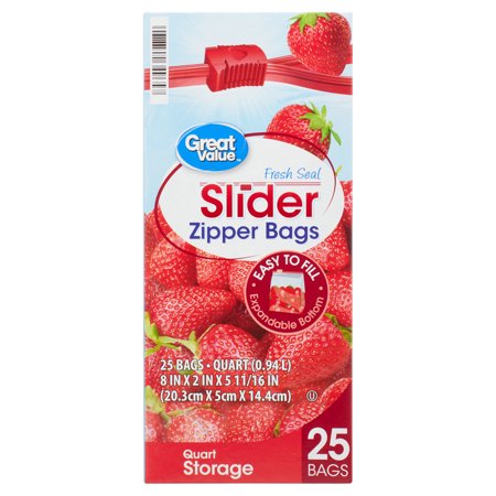 Great Value Fresh Seal Quart Storage Slider Zipper Bags, 25 Count