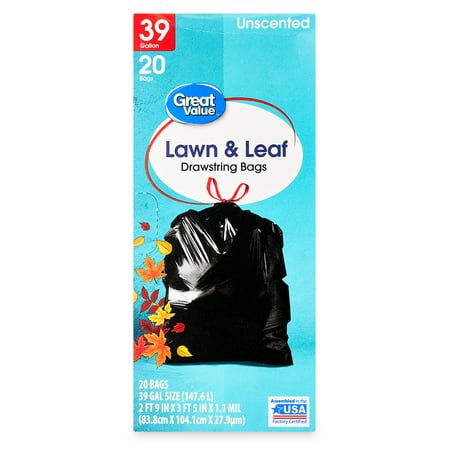 Great Value Large Lawn & Leaf Trash Bags, 39 Gallon, 20 Bags (Drawstring)