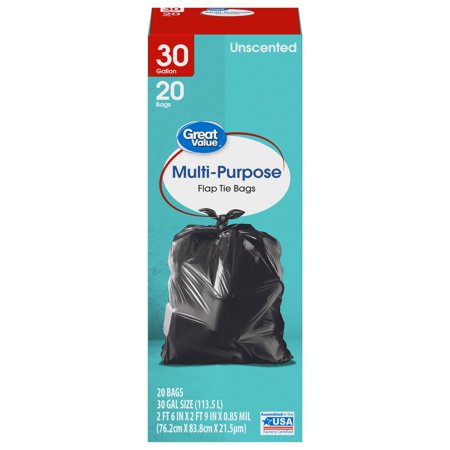 Great Value Multi-Purpose Large Trash Bags, 30 Gallon, 20 Bags (Flap Tie)