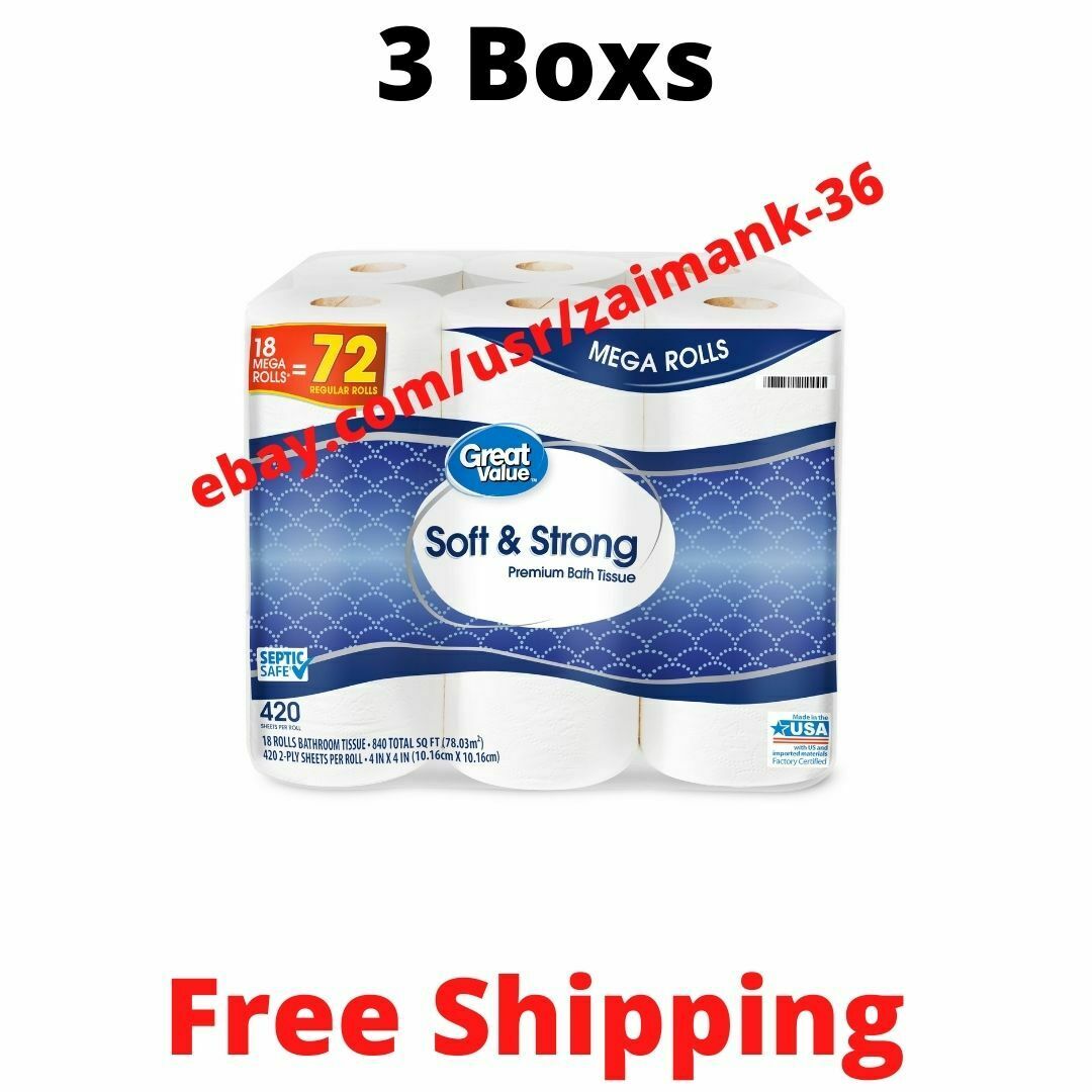 Great Value Soft & Strong Premium Toilet Paper, 18 Mega Rolls, ( 3 Boxs )