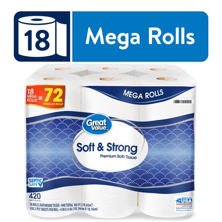 Great Value Soft & Strong Premium Toilet Paper, 18 Mega Rolls