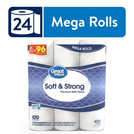 Great Value Soft & Strong Premium Toilet Paper, 24 Mega Rolls