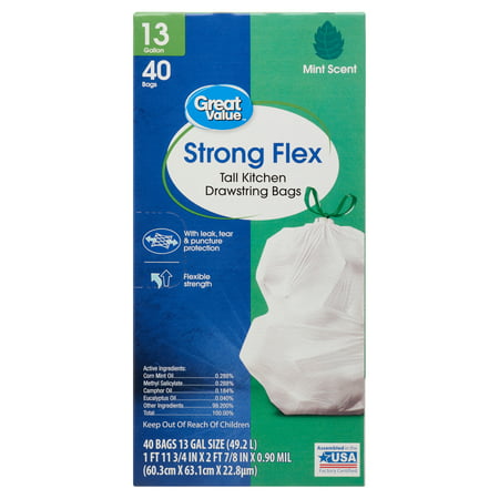 Great Value Strong Flex 13 Gallon Tall Kitchen Trash Bags, Mint Scent, 40 Count