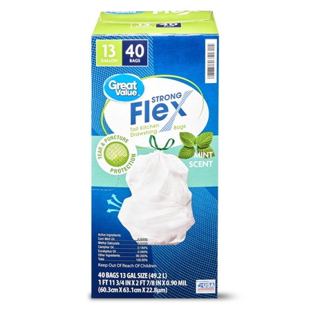 Great Value Strong Flex 13 Gallon Tall Kitchen Trash Bags, Mint Scent, 40 Count