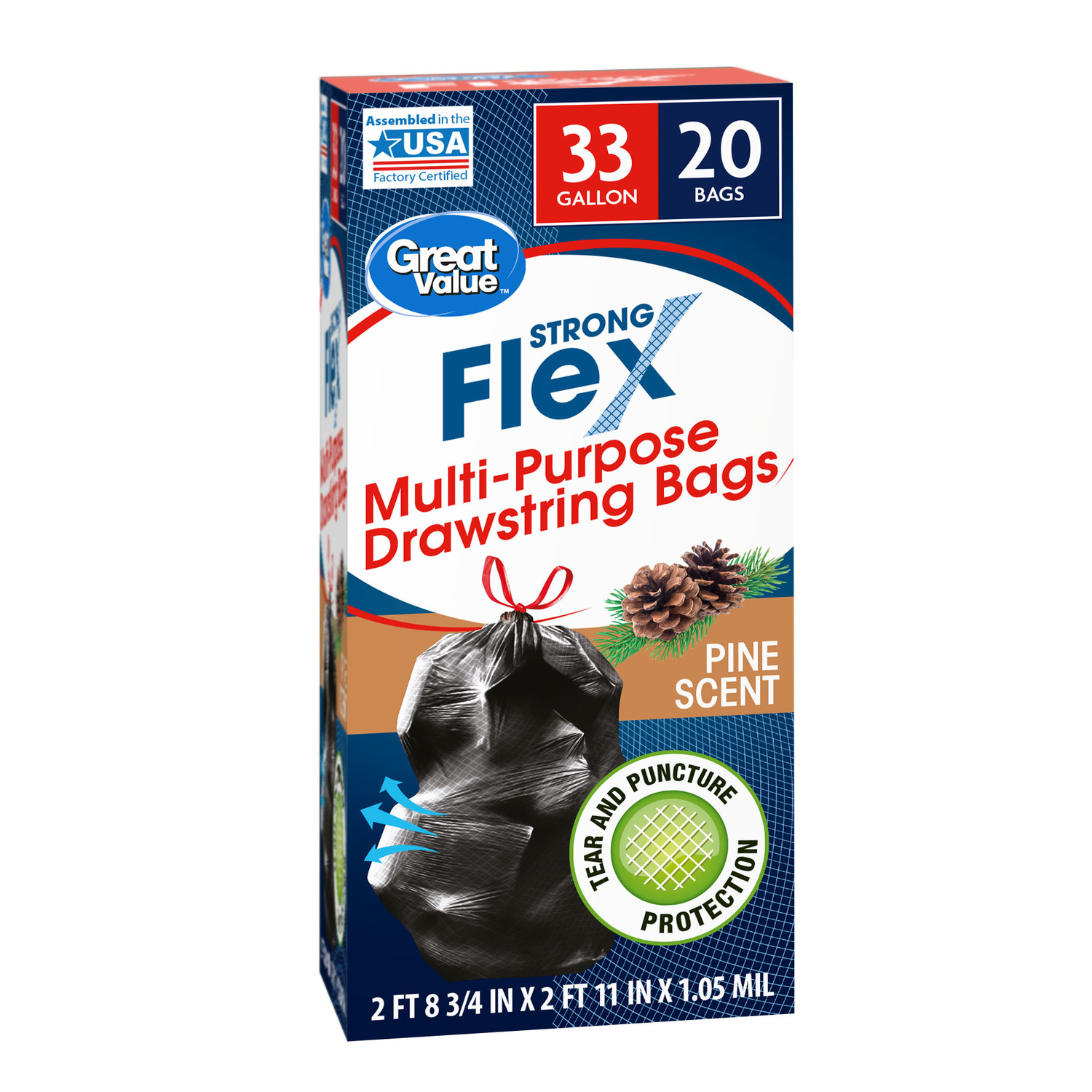 Great Value Strong Flex Multi-Purpose Trash Bags, 33 Gallon, 20 Bags (Pine Scent